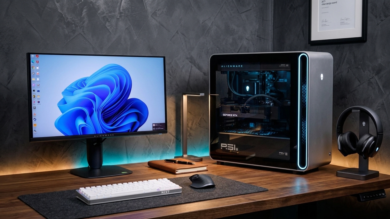 Desktop e monitor prontos para locação em mesa de escritório